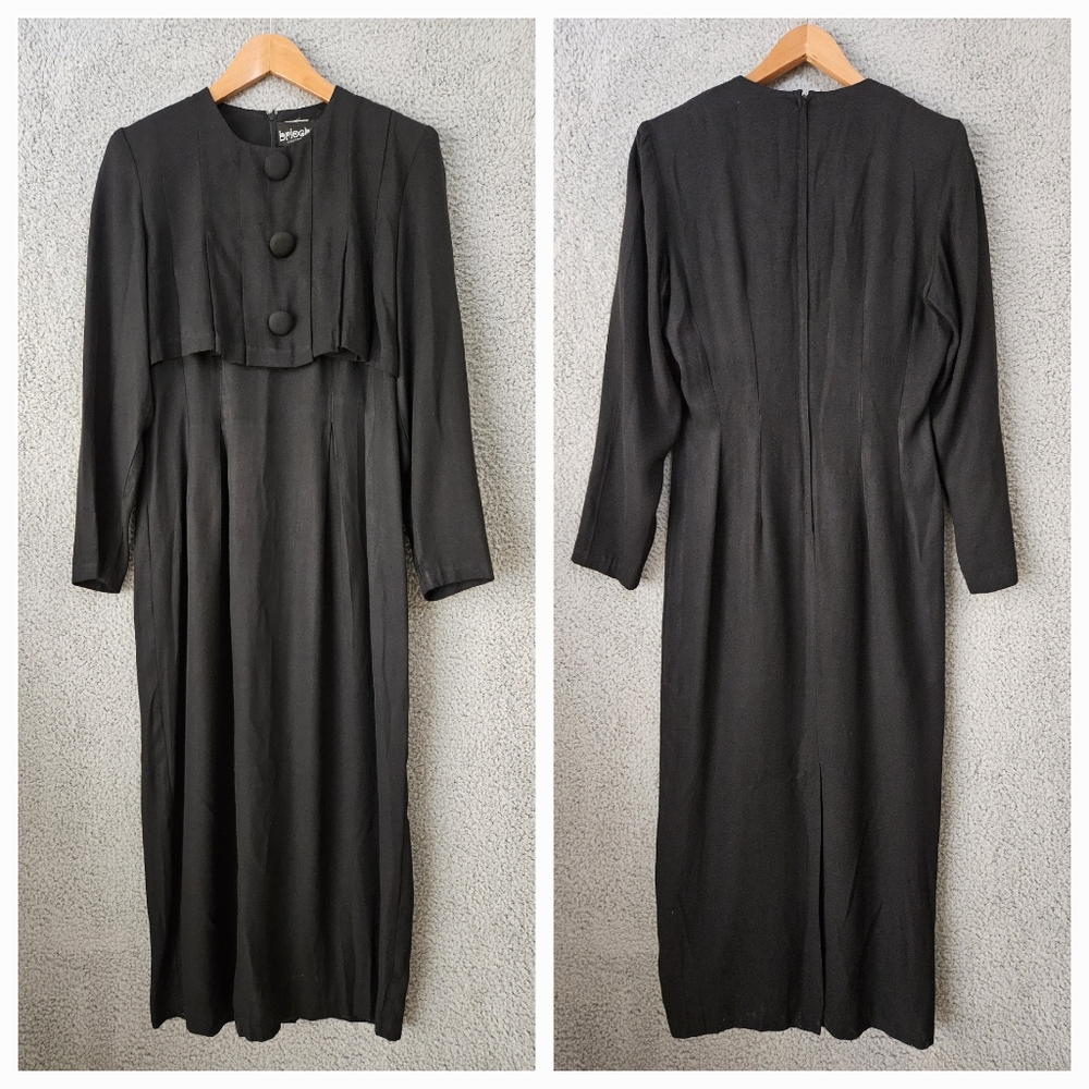 Vintage Brioche Black Midi Dress US XS S Long Sleeve Witchy Wednesday Addams